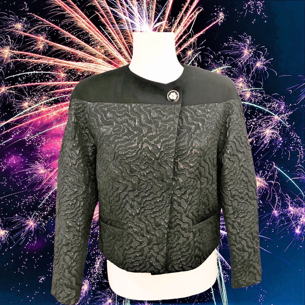 French Luxe Black Brocade Cropped Jacket Dropped Sleeves Size 10